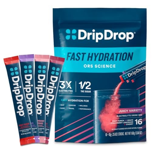 DripDrop Hydration Packets – Saftiger Sortenvielfalt – Elektrolyt-Pulver-Mix für Einzelportionen – Traube, Fruchtpunsch, Erdbeer-Limonade, Kirsche – Nicht-GMO, Glutenfrei, Vegan – 16 Sticks