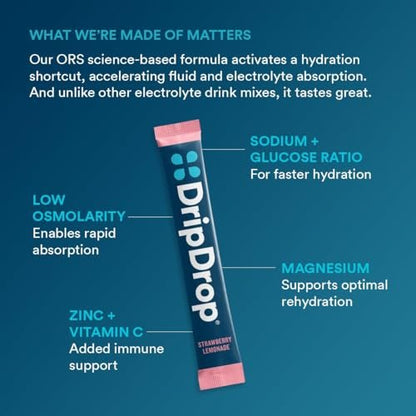 DripDrop Hydration Packets – Saftiger Sortenvielfalt – Elektrolyt-Pulver-Mix für Einzelportionen – Traube, Fruchtpunsch, Erdbeer-Limonade, Kirsche – Nicht-GMO, Glutenfrei, Vegan – 16 Sticks
