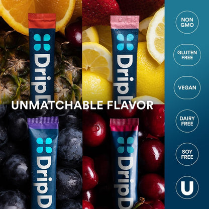 DripDrop Hydration Packets – Saftiger Sortenvielfalt – Elektrolyt-Pulver-Mix für Einzelportionen – Traube, Fruchtpunsch, Erdbeer-Limonade, Kirsche – Nicht-GMO, Glutenfrei, Vegan – 16 Sticks