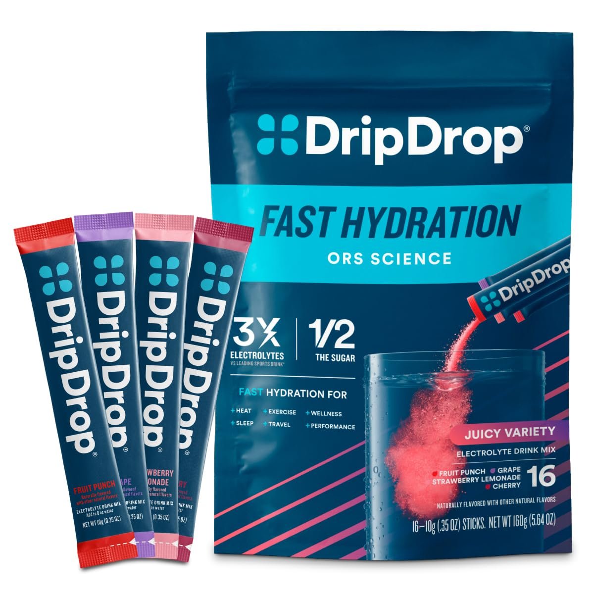 DripDrop Hydration Packets – Saftiger Sortenvielfalt – Elektrolyt-Pulver-Mix für Einzelportionen – Traube, Fruchtpunsch, Erdbeer-Limonade, Kirsche – Nicht-GMO, Glutenfrei, Vegan – 16 Sticks