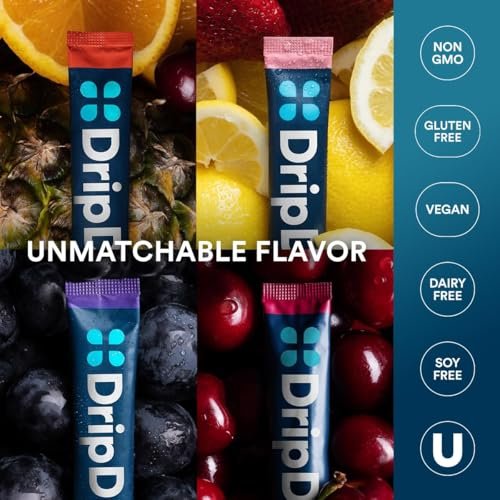 DripDrop Hydration Packets – Saftiger Sortenvielfalt – Elektrolyt-Pulver-Mix für Einzelportionen – Traube, Fruchtpunsch, Erdbeer-Limonade, Kirsche – Nicht-GMO, Glutenfrei, Vegan – 16 Sticks