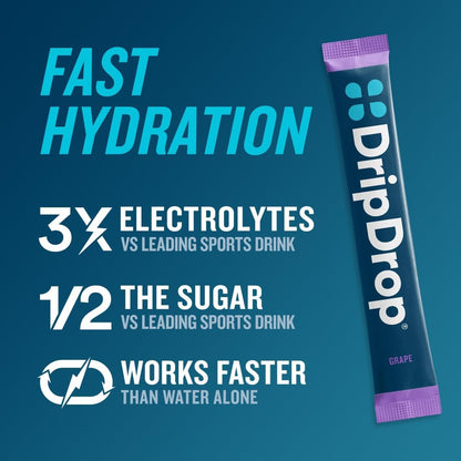 DripDrop Hydration Packets – Saftiger Sortenvielfalt – Elektrolyt-Pulver-Mix für Einzelportionen – Traube, Fruchtpunsch, Erdbeer-Limonade, Kirsche – Nicht-GMO, Glutenfrei, Vegan – 16 Sticks