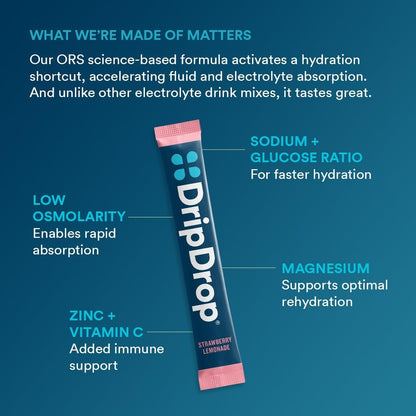 DripDrop Hydration Packets – Saftiger Sortenvielfalt – Elektrolyt-Pulver-Mix für Einzelportionen – Traube, Fruchtpunsch, Erdbeer-Limonade, Kirsche – Nicht-GMO, Glutenfrei, Vegan – 16 Sticks