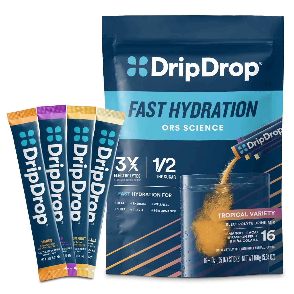 DripDrop Hydration Packets – Tropischer Sortenpack – Elektrolyt-Pulver für Getränke – Mango, Açaí, Passionsfrucht, Piña Colada – Non-GMO, glutenfrei, vegan – 16 Sticks