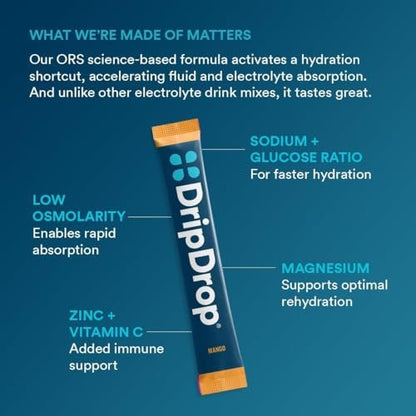 DripDrop Hydration Packets – Tropischer Sortenpack – Elektrolyt-Pulver für Getränke – Mango, Açaí, Passionsfrucht, Piña Colada – Non-GMO, glutenfrei, vegan – 16 Sticks