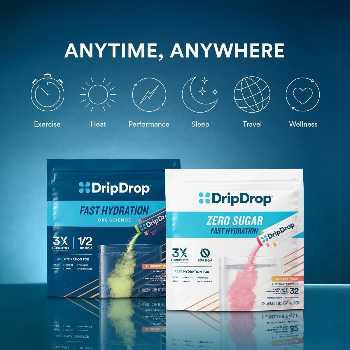 DripDrop Hydration Packets – Tropischer Sortenpack – Elektrolyt-Pulver für Getränke – Mango, Açaí, Passionsfrucht, Piña Colada – Non-GMO, glutenfrei, vegan – 16 Sticks