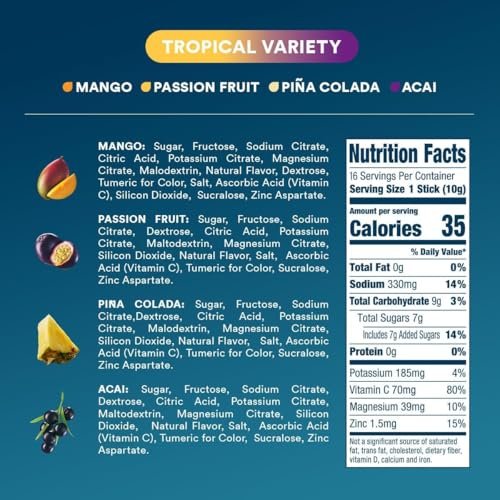 DripDrop Hydration Packets – Tropischer Sortenpack – Elektrolyt-Pulver für Getränke – Mango, Açaí, Passionsfrucht, Piña Colada – Non-GMO, glutenfrei, vegan – 16 Sticks