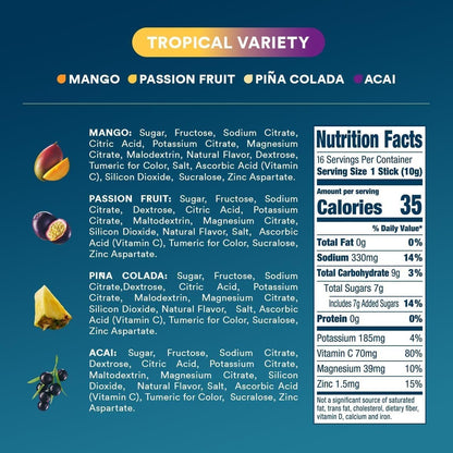 DripDrop Hydration Packets – Tropischer Sortenpack – Elektrolyt-Pulver für Getränke – Mango, Açaí, Passionsfrucht, Piña Colada – Non-GMO, glutenfrei, vegan – 16 Sticks