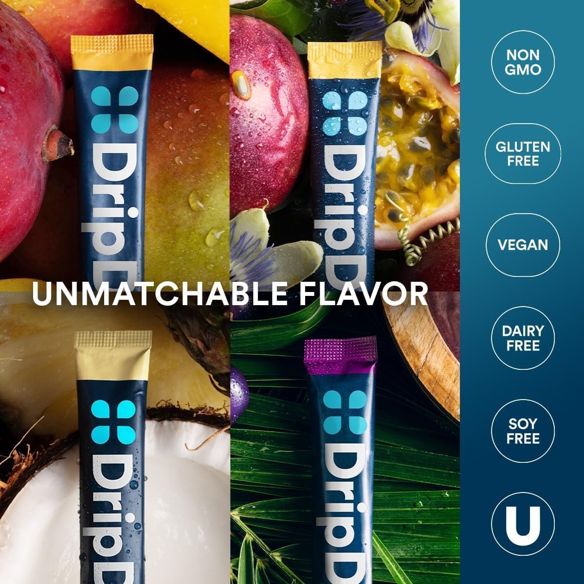 DripDrop Hydration Packets – Tropischer Sortenpack – Elektrolyt-Pulver für Getränke – Mango, Açaí, Passionsfrucht, Piña Colada – Non-GMO, glutenfrei, vegan – 16 Sticks