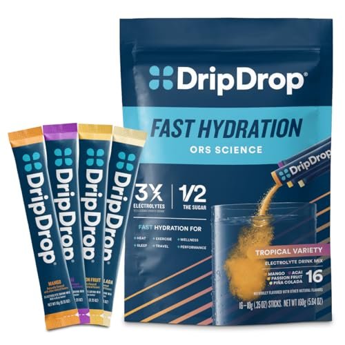 DripDrop Hydration Packets – Tropischer Sortenpack – Elektrolyt-Pulver für Getränke – Mango, Açaí, Passionsfrucht, Piña Colada – Non-GMO, glutenfrei, vegan – 16 Sticks