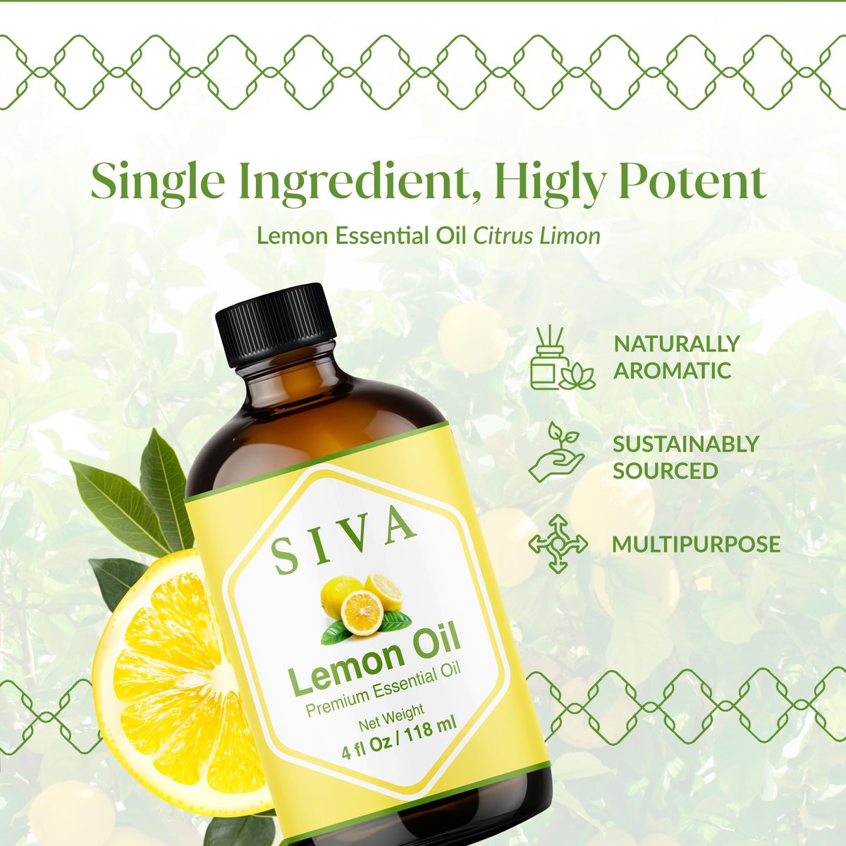 Siva Lemon Bio ätherisches Öl - 118 ml – 100% natürliches Zitronenöl für Diffuser, Gesicht, Hautpflege, Aromatherapie, Haarpflege, Kopfhaut und Körpermassage - mit Pipette