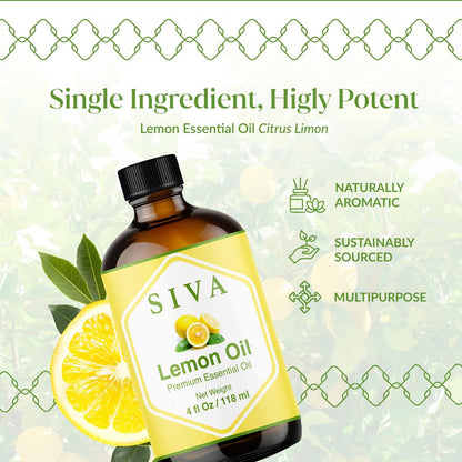 Siva Lemon Bio ätherisches Öl - 118 ml – 100% natürliches Zitronenöl für Diffuser, Gesicht, Hautpflege, Aromatherapie, Haarpflege, Kopfhaut und Körpermassage - mit Pipette