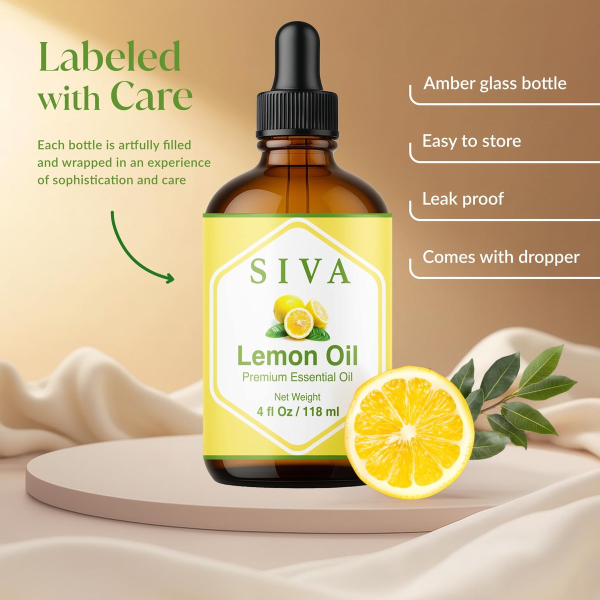 Siva Lemon Bio ätherisches Öl - 118 ml – 100% natürliches Zitronenöl für Diffuser, Gesicht, Hautpflege, Aromatherapie, Haarpflege, Kopfhaut und Körpermassage - mit Pipette