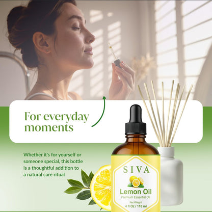 Siva Lemon Bio ätherisches Öl - 118 ml – 100% natürliches Zitronenöl für Diffuser, Gesicht, Hautpflege, Aromatherapie, Haarpflege, Kopfhaut und Körpermassage - mit Pipette