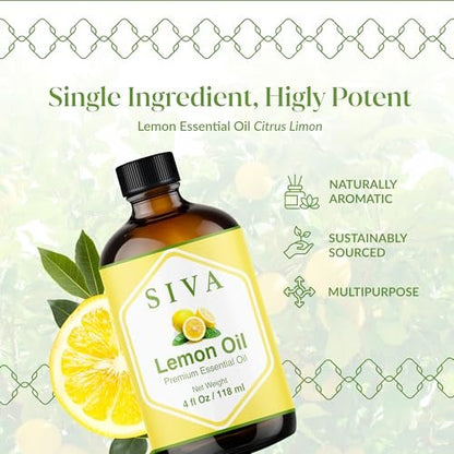 Siva Lemon Bio ätherisches Öl - 118 ml – 100% natürliches Zitronenöl für Diffuser, Gesicht, Hautpflege, Aromatherapie, Haarpflege, Kopfhaut und Körpermassage - mit Pipette