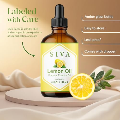 Siva Lemon Bio ätherisches Öl - 118 ml – 100% natürliches Zitronenöl für Diffuser, Gesicht, Hautpflege, Aromatherapie, Haarpflege, Kopfhaut und Körpermassage - mit Pipette