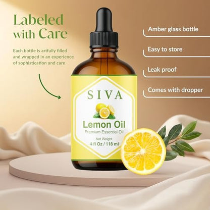 Siva Lemon Bio ätherisches Öl - 118 ml – 100% natürliches Zitronenöl für Diffuser, Gesicht, Hautpflege, Aromatherapie, Haarpflege, Kopfhaut und Körpermassage - mit Pipette