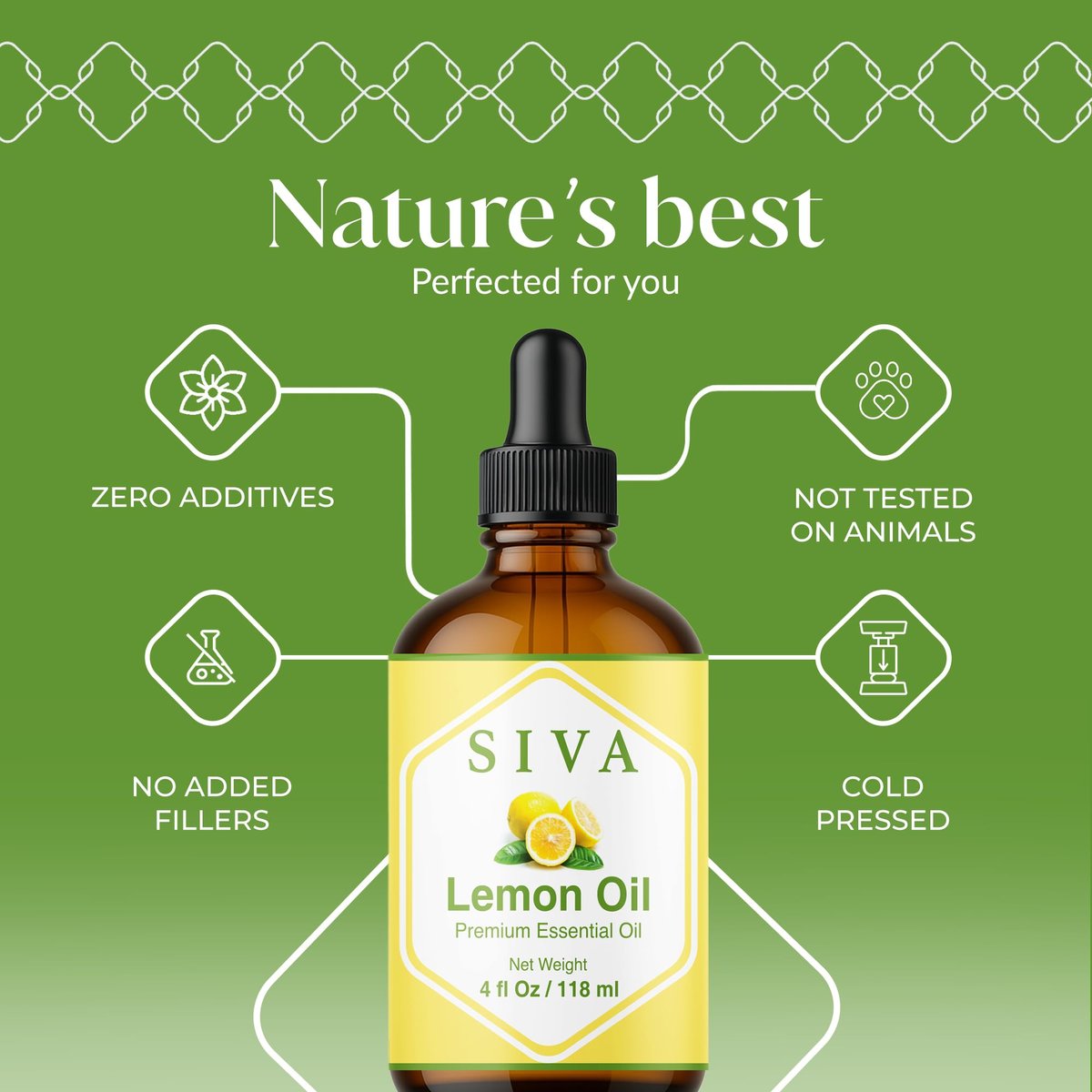 Siva Lemon Bio ätherisches Öl - 118 ml – 100% natürliches Zitronenöl für Diffuser, Gesicht, Hautpflege, Aromatherapie, Haarpflege, Kopfhaut und Körpermassage - mit Pipette