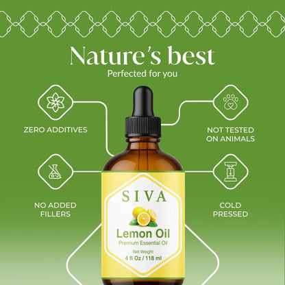 Siva Lemon Bio ätherisches Öl - 118 ml – 100% natürliches Zitronenöl für Diffuser, Gesicht, Hautpflege, Aromatherapie, Haarpflege, Kopfhaut und Körpermassage - mit Pipette