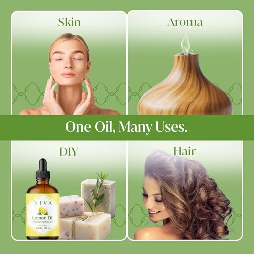 Siva Lemon Bio ätherisches Öl - 118 ml – 100% natürliches Zitronenöl für Diffuser, Gesicht, Hautpflege, Aromatherapie, Haarpflege, Kopfhaut und Körpermassage - mit Pipette