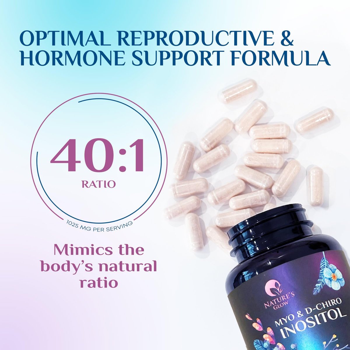 Myo-Inositol & D-Chiro Inositol 1025mg – 40:1 Idealverhältnis für Eierstockunterstützung, veganes Myo & D-Chiro Supplement für natürliches Gleichgewicht und Hormonunterstützung, Vitamin B8, Nicht-GVO – 60 Kapseln