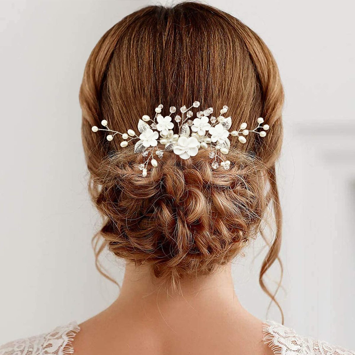 Blumen Braut Haarreifen mit Kamm Perlen Florale Strass Blätter Weiße Hochzeit Haarnadeln Accessoires für Frauen und Mädchen (Weiße Blume Silber Blatt)