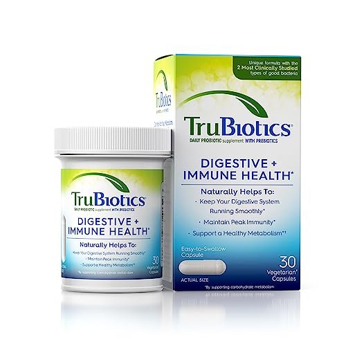 TruBiotics Probiotika für Verdauungs- und Immunsystem – mit Präbiotika, unterstützt Regelmäßigkeit und hilft bei Bauchbeschwerden, Blähungen und Völlegefühl, 2 klinisch untersuchte Stämme, 30 Kapseln