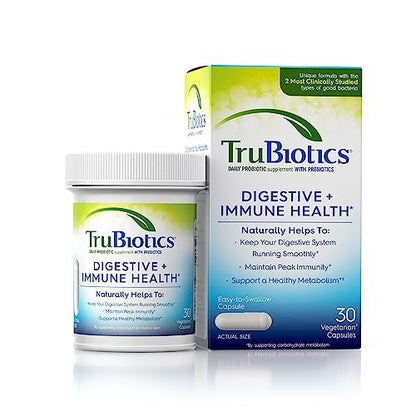 TruBiotics Probiotika für Verdauungs- und Immunsystem – mit Präbiotika, unterstützt Regelmäßigkeit und hilft bei Bauchbeschwerden, Blähungen und Völlegefühl, 2 klinisch untersuchte Stämme, 30 Kapseln