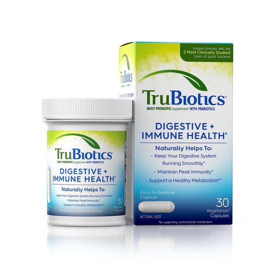 TruBiotics Probiotika für Verdauungs- und Immunsystem – mit Präbiotika, unterstützt Regelmäßigkeit und hilft bei Bauchbeschwerden, Blähungen und Völlegefühl, 2 klinisch untersuchte Stämme, 30 Kapseln
