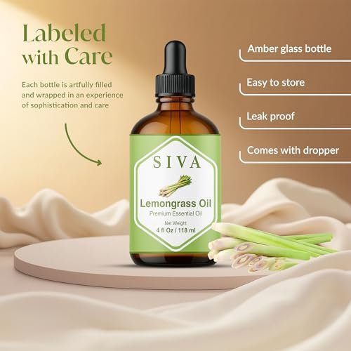 Siva Lemongrass Bio-Öl - 118 ml – 100% natürliches Lemongrasöl für Diffuser, Gesicht, Hautpflege, Aromatherapie, Haarpflege, Kopfhaut und Körpermassage – mit Pipette