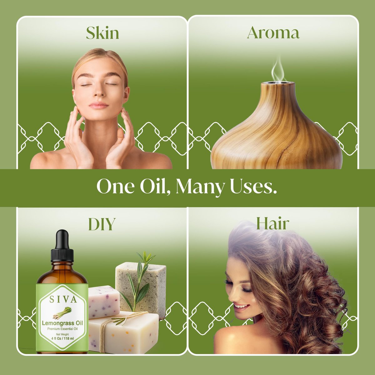 Siva Lemongrass Bio-Öl - 118 ml – 100% natürliches Lemongrasöl für Diffuser, Gesicht, Hautpflege, Aromatherapie, Haarpflege, Kopfhaut und Körpermassage – mit Pipette