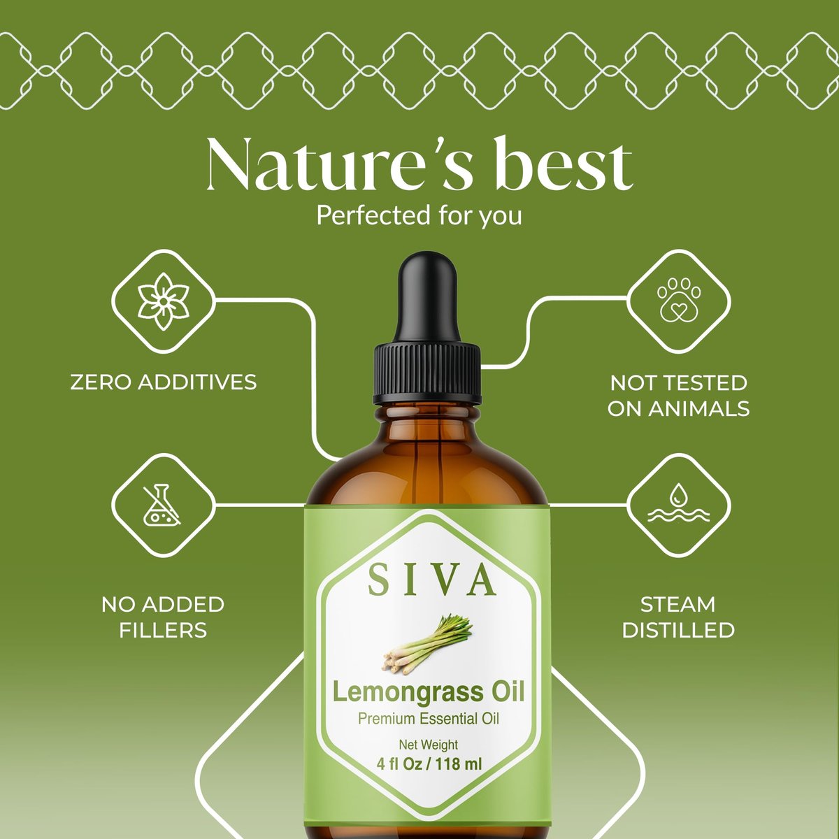 Siva Lemongrass Bio-Öl - 118 ml – 100% natürliches Lemongrasöl für Diffuser, Gesicht, Hautpflege, Aromatherapie, Haarpflege, Kopfhaut und Körpermassage – mit Pipette