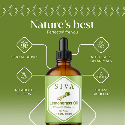 Siva Lemongrass Bio-Öl - 118 ml – 100% natürliches Lemongrasöl für Diffuser, Gesicht, Hautpflege, Aromatherapie, Haarpflege, Kopfhaut und Körpermassage – mit Pipette