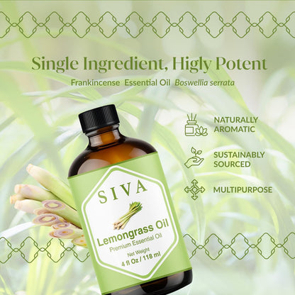 Siva Lemongrass Bio-Öl - 118 ml – 100% natürliches Lemongrasöl für Diffuser, Gesicht, Hautpflege, Aromatherapie, Haarpflege, Kopfhaut und Körpermassage – mit Pipette