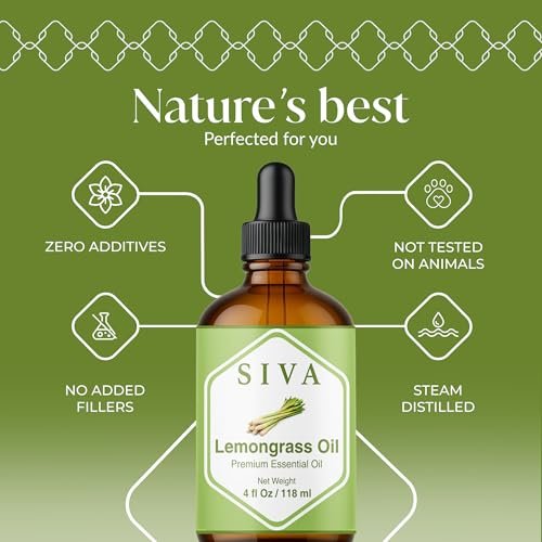 Siva Lemongrass Bio-Öl - 118 ml – 100% natürliches Lemongrasöl für Diffuser, Gesicht, Hautpflege, Aromatherapie, Haarpflege, Kopfhaut und Körpermassage – mit Pipette