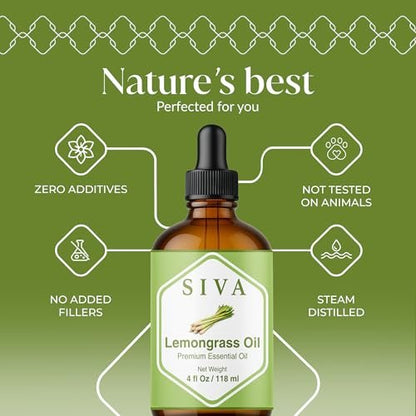 Siva Lemongrass Bio-Öl - 118 ml – 100% natürliches Lemongrasöl für Diffuser, Gesicht, Hautpflege, Aromatherapie, Haarpflege, Kopfhaut und Körpermassage – mit Pipette