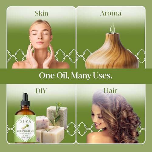 Siva Lemongrass Bio-Öl - 118 ml – 100% natürliches Lemongrasöl für Diffuser, Gesicht, Hautpflege, Aromatherapie, Haarpflege, Kopfhaut und Körpermassage – mit Pipette