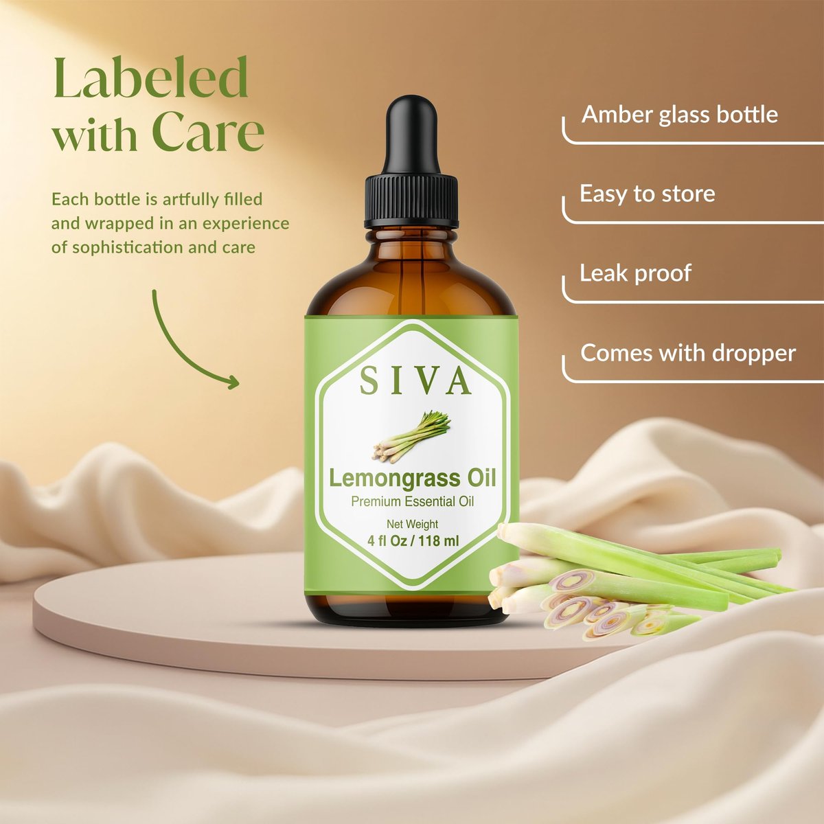 Siva Lemongrass Bio-Öl - 118 ml – 100% natürliches Lemongrasöl für Diffuser, Gesicht, Hautpflege, Aromatherapie, Haarpflege, Kopfhaut und Körpermassage – mit Pipette