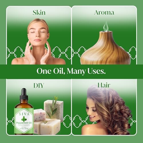 Siva Pfefferminzöl 118 ml – 100% natürliches Pfefferminzöl für Diffuser, Gesicht, Hautpflege, Aromatherapie, Haarpflege, Kopfhaut und Körpermassage – mit Pipette
