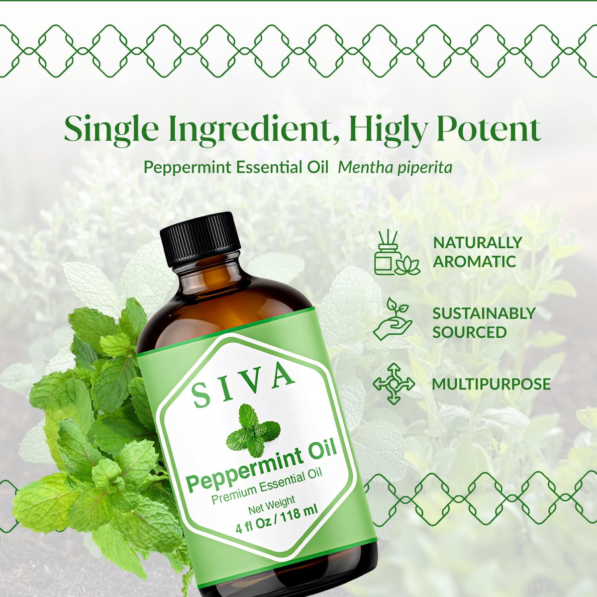 Siva Pfefferminzöl 118 ml – 100% natürliches Pfefferminzöl für Diffuser, Gesicht, Hautpflege, Aromatherapie, Haarpflege, Kopfhaut und Körpermassage – mit Pipette