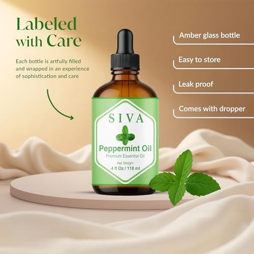 Siva Pfefferminzöl 118 ml – 100% natürliches Pfefferminzöl für Diffuser, Gesicht, Hautpflege, Aromatherapie, Haarpflege, Kopfhaut und Körpermassage – mit Pipette