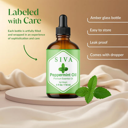 Siva Pfefferminzöl 118 ml – 100% natürliches Pfefferminzöl für Diffuser, Gesicht, Hautpflege, Aromatherapie, Haarpflege, Kopfhaut und Körpermassage – mit Pipette