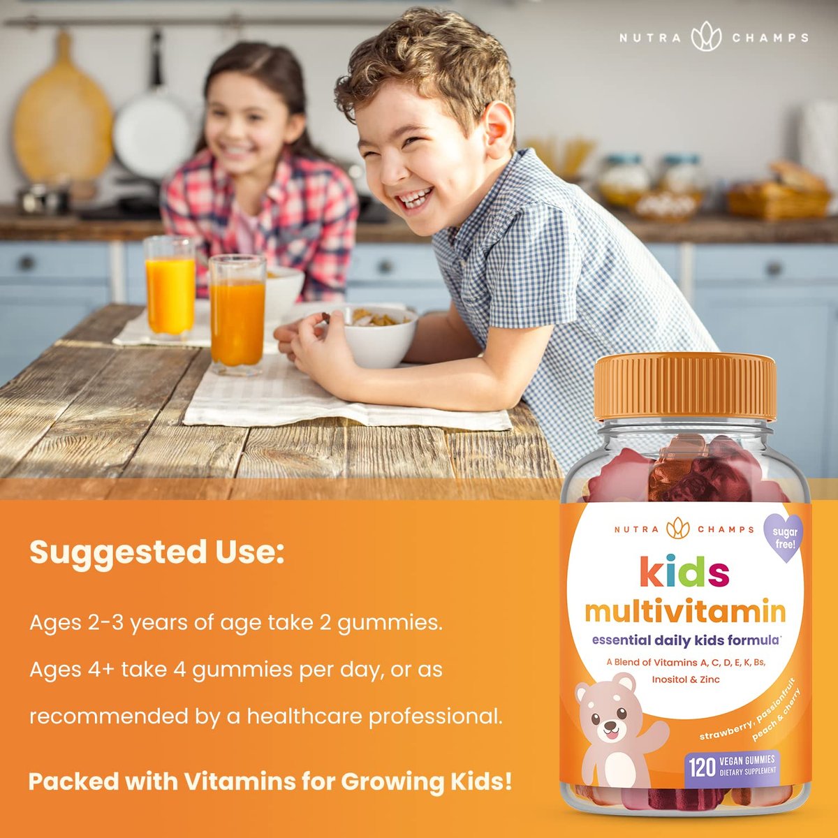 NutraChamps Kinder Multivitamin Gummis | Zuckerfrei 120 vegane Gummivitamine für Kinder | Erdbeere, Maracuja, Pfirsich & Kirsche