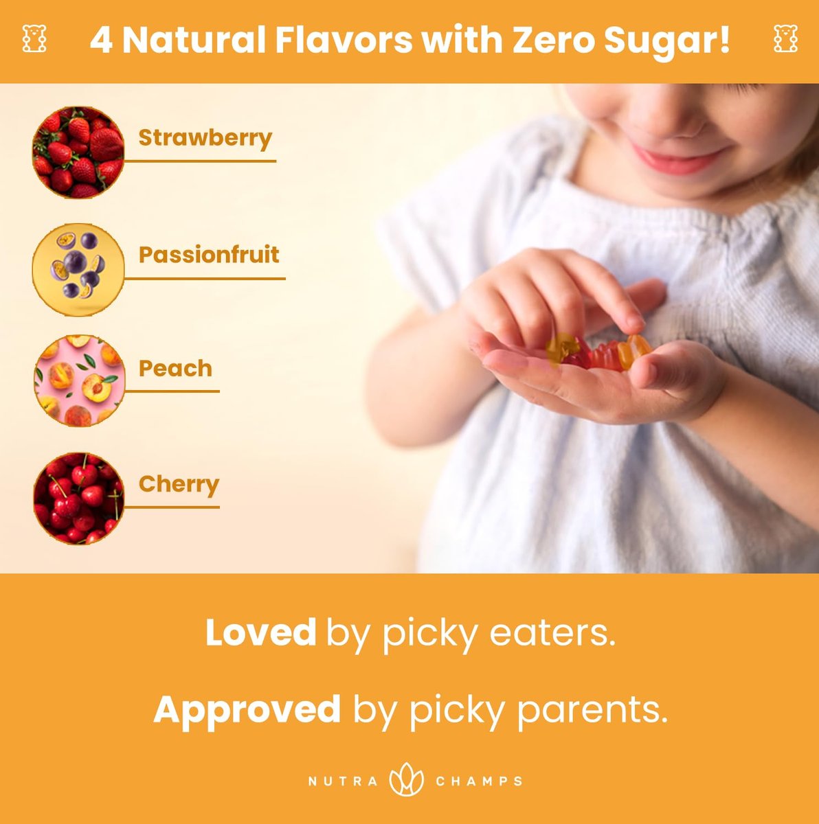 NutraChamps Kinder Multivitamin Gummis | Zuckerfrei 120 vegane Gummivitamine für Kinder | Erdbeere, Maracuja, Pfirsich & Kirsche
