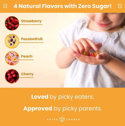 NutraChamps Kinder Multivitamin Gummis | Zuckerfrei 120 vegane Gummivitamine für Kinder | Erdbeere, Maracuja, Pfirsich & Kirsche