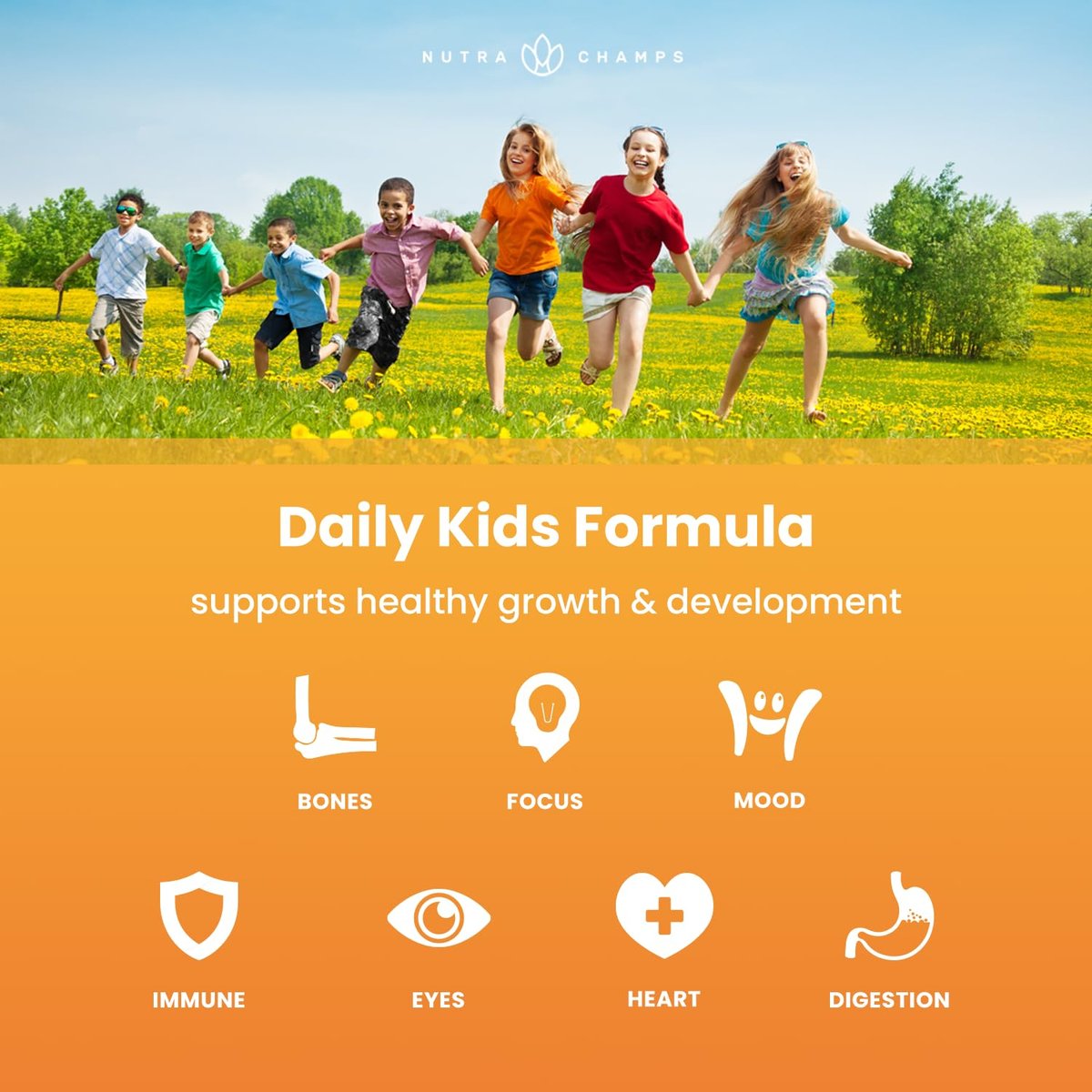 NutraChamps Kinder Multivitamin Gummis | Zuckerfrei 120 vegane Gummivitamine für Kinder | Erdbeere, Maracuja, Pfirsich & Kirsche