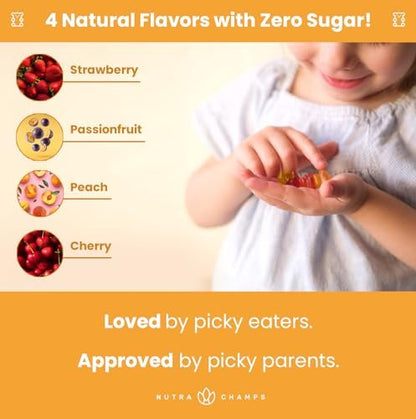 NutraChamps Kinder Multivitamin Gummis | Zuckerfrei 120 vegane Gummivitamine für Kinder | Erdbeere, Maracuja, Pfirsich & Kirsche