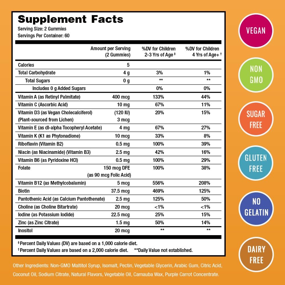 NutraChamps Kinder Multivitamin Gummis | Zuckerfrei 120 vegane Gummivitamine für Kinder | Erdbeere, Maracuja, Pfirsich & Kirsche