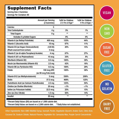 NutraChamps Kinder Multivitamin Gummis | Zuckerfrei 120 vegane Gummivitamine für Kinder | Erdbeere, Maracuja, Pfirsich & Kirsche