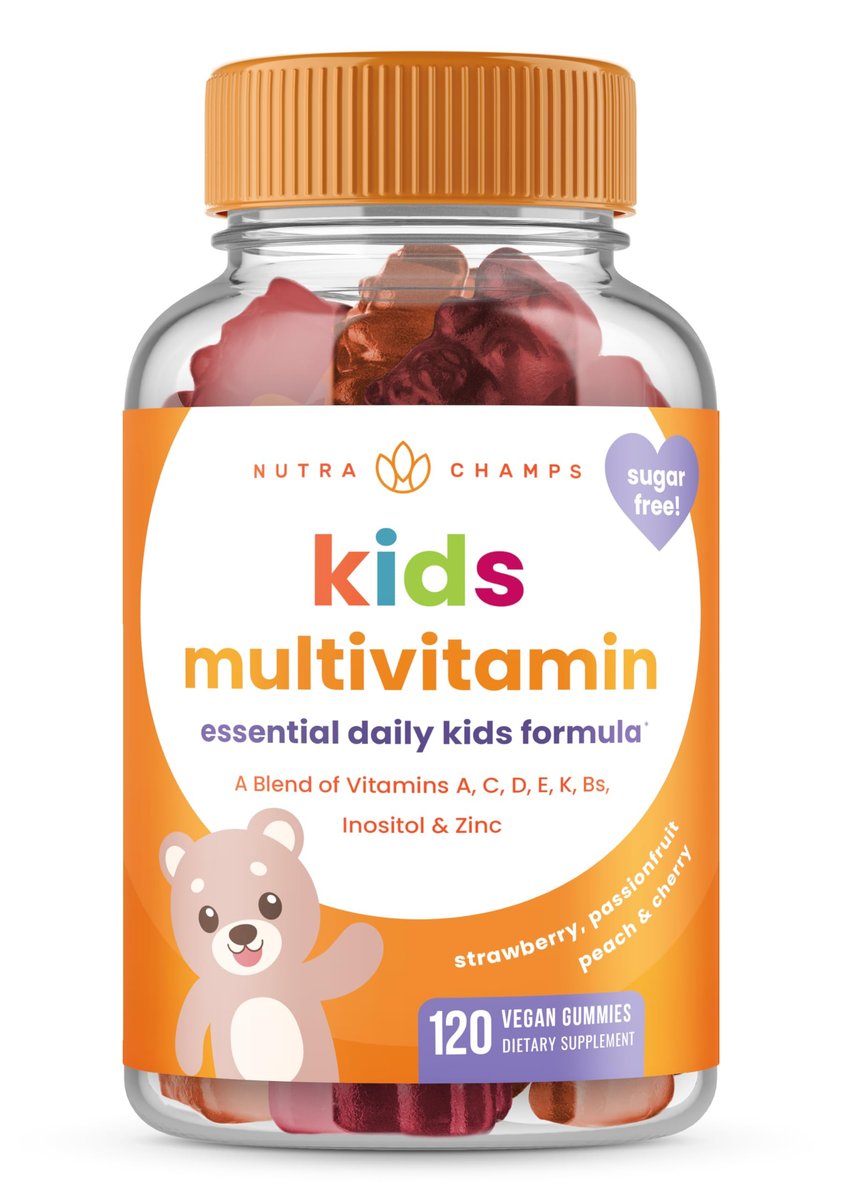 NutraChamps Kinder Multivitamin Gummis | Zuckerfrei 120 vegane Gummivitamine für Kinder | Erdbeere, Maracuja, Pfirsich & Kirsche